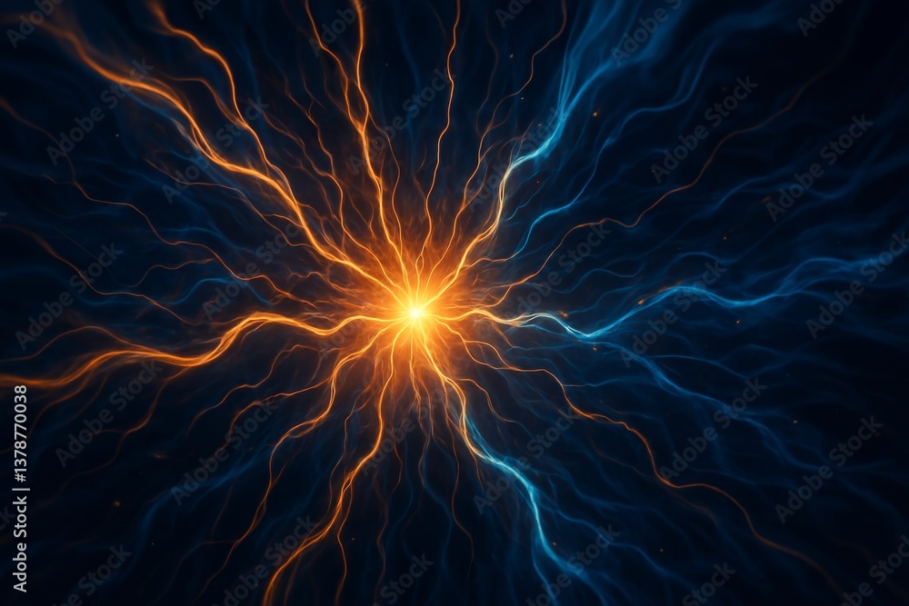 Poster orange and blue plasma streams are converging into a bright core creating a mesmerizing visual effec