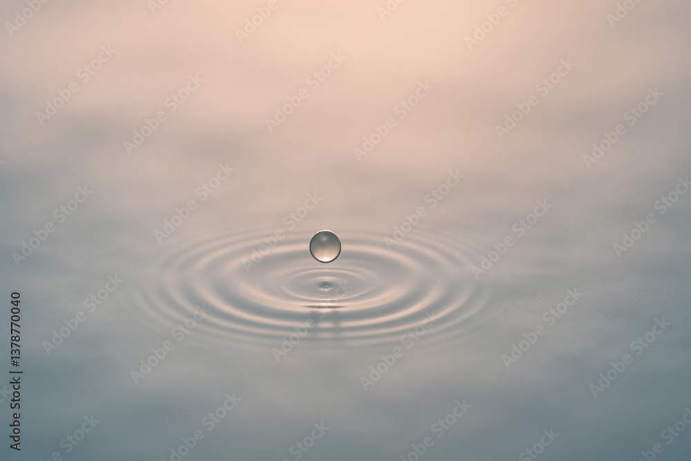 Poster single drop of water creating concentric ripples on a calm surface, with soft pastel background colo