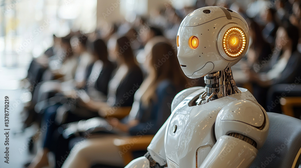 Poster futuristic job interview panel where an agentic ai evaluates a nervous human candidate in a high-tec
