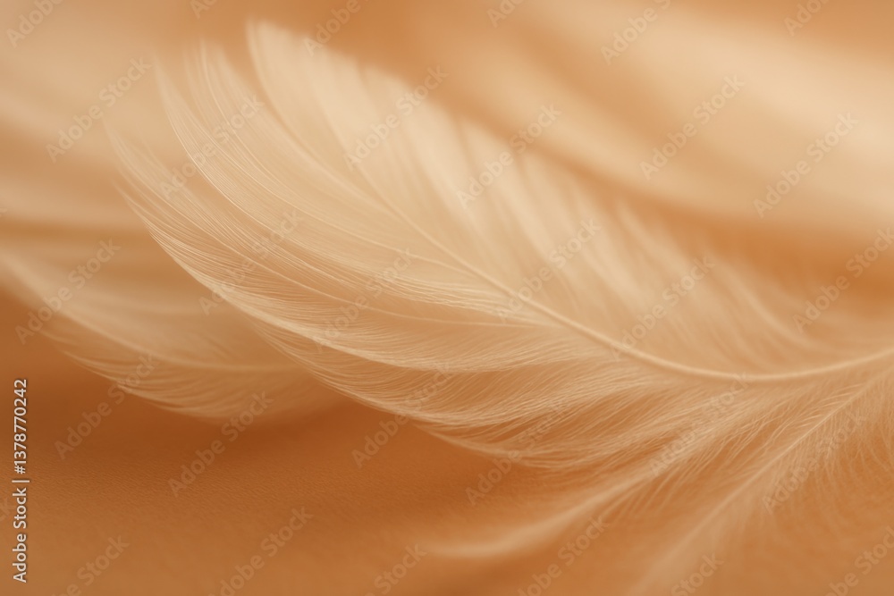 Poster delicate white bird feathers resting on a soft beige background, creating a serene and elegant compo