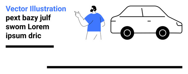 Man gesturing towards a compact car, surrounded by minimalistic design elements and placeholder text. Ideal for automotive themes, guidance, directions, presentation, learning, marketing, and simple