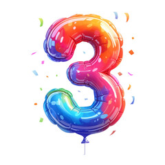 Colorful number 3 balloon illustration on a transparent background celebration theme