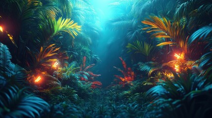 Lush jungle path, glowing lights, vibrant foliage, surreal scene