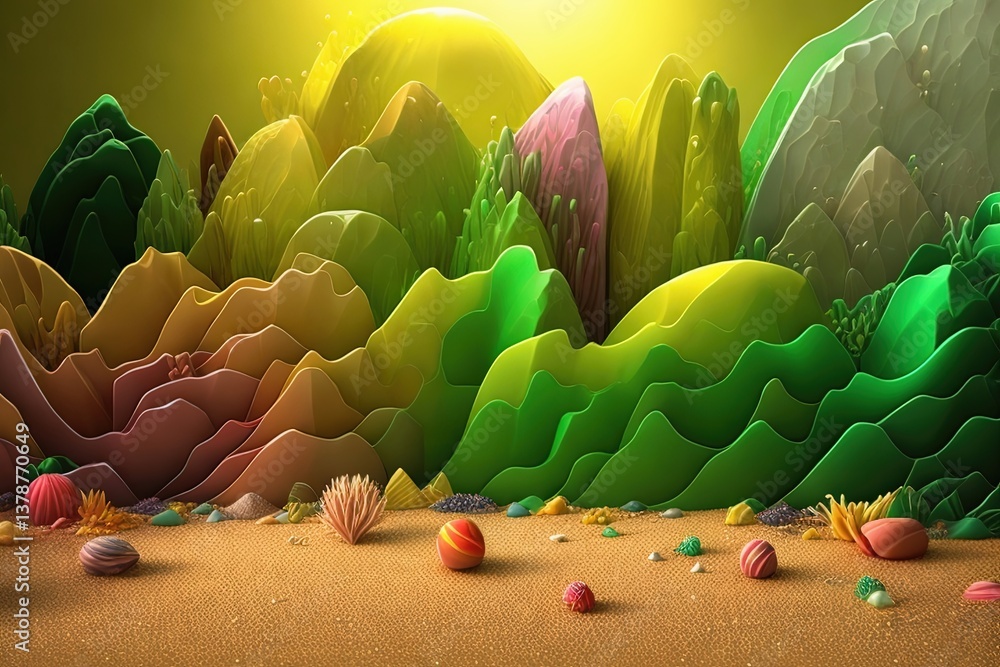 Poster vibrant abstract landscape with colorful mountains and playful shapes creating a whimsical and dream