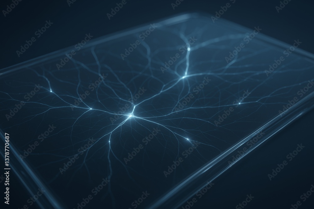 Poster futuristic glass tablet displaying glowing neural network, symbolizing artificial intelligence, mach