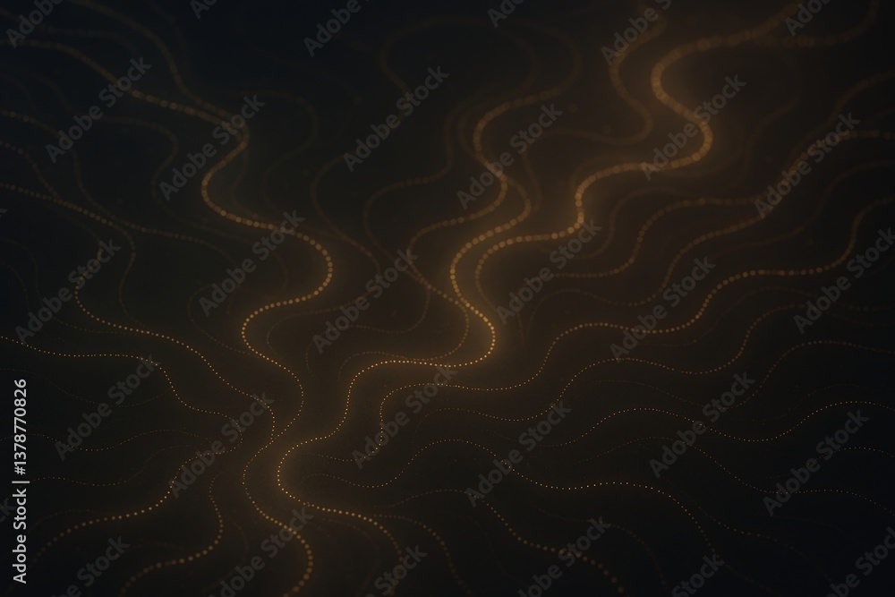 Poster golden particles are flowing and creating wavy lines in digital space, representing a futuristic and