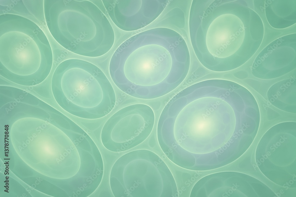 Poster creating an organic pattern background, featuring a network of vibrant green cells with bright cente