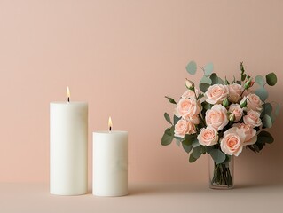Elegant Still Life: Lit Candles and Peach Roses with Eucalyptus for Romance, Celebration and Gift Giving
