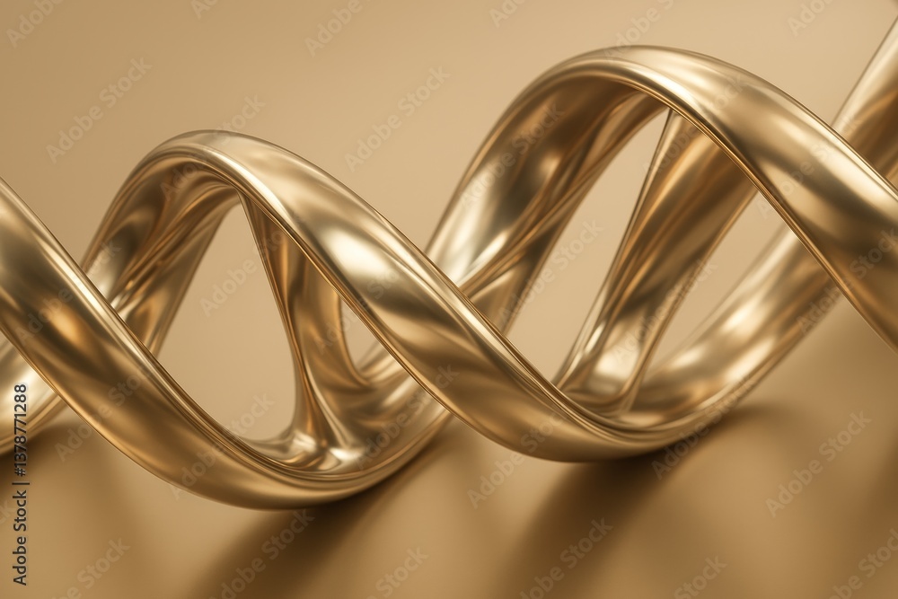 Poster smooth golden double helix shape rotating on a golden background, creating an abstract and elegant c