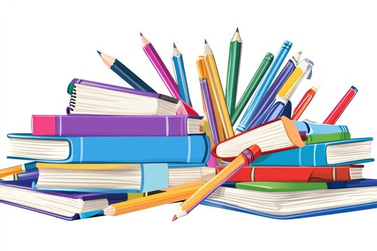 Back-to-school promotion vector with books, pencils, and 'Huge Student Discounts!', transparent."