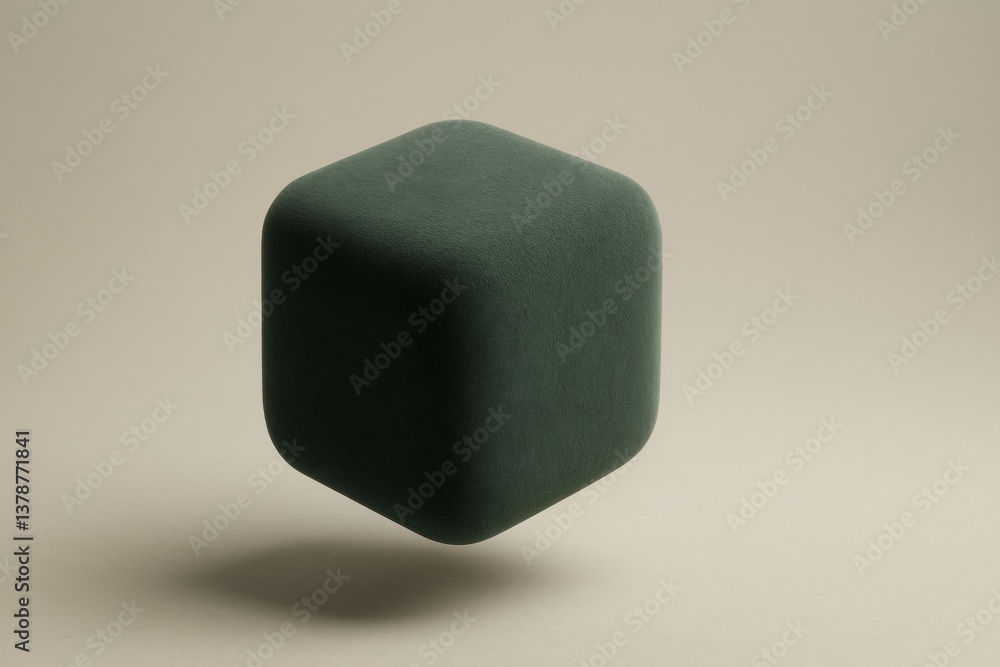 Poster soft green velvet rendered cube floating on a light beige background, creating a minimalist and eleg