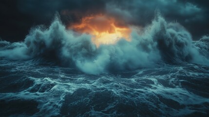 Fototapeta premium Rising waves meet cracked ice under a stormy sky, a stark reminder of sea level urgency.