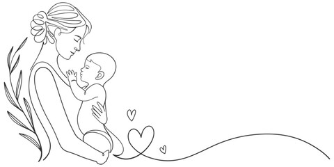 Happy Mother's Day card. Woman holding baby in line art style. Vector illustration