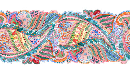 seamless border with abstract pattern of paisley. watercolor painting