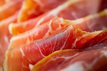 A close-up view reveals the intricate details of a slice of jamn showcasing its vibrant red and delicate fat marbling in a warm, inviting atmosphere Generative AI