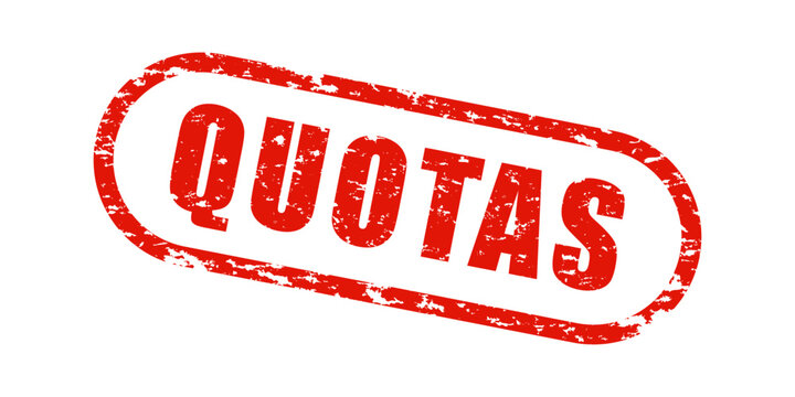 Red distressed rubber stamp with "QUOTAS" in bold capital letters isolated on transparent backdrop. Trade limits, import restrictions, export controls, supply chain regulation, international trade war