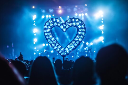 Crowd enjoys a lively music concert, filled with energy and excitement, while a glowing heart shape adds a colorful touch to the atmosphere Generative AI