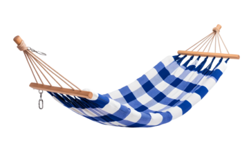 Isolated hammock with blue and white checkered pattern against black backdrop