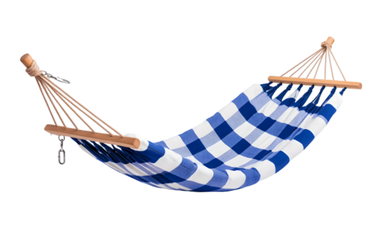 Isolated hammock with blue and white checkered pattern against black backdrop