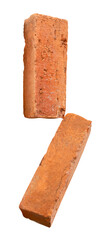 Side view of two cracked old red or orange bricks in stack isolated with clipping path in png file format