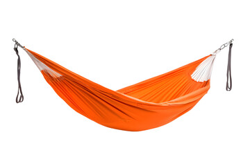 A vibrant orange hammock suspended against a stark black background view
