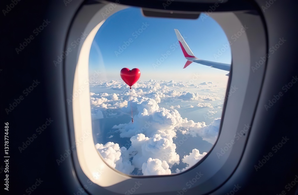Wall mural view from the plane window to the sky with clouds and heart shape red balloon