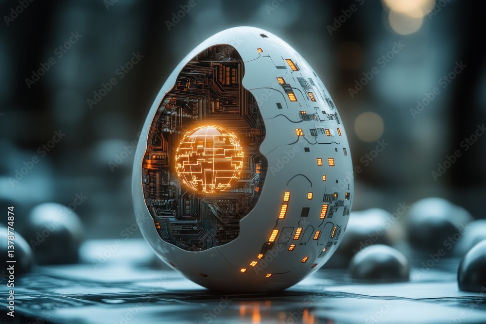 Poster this unique white egg features an elaborate circuit board design and a luminous core, set against a 