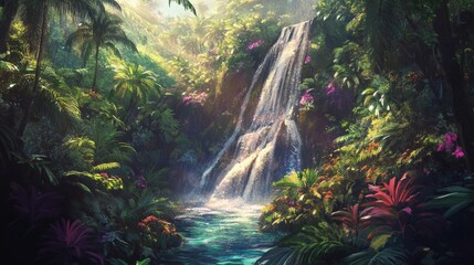 A waterfall surrounded by lush tropical vegetation, symbolizing the beauty and power of nature. generative ai