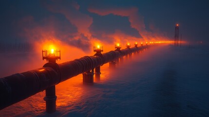 An illuminated industrial pipeline stretches into the distance, showcasing the transportation of energy in a cold region during nighttime, surrounded by fog and atmospheric conditions.