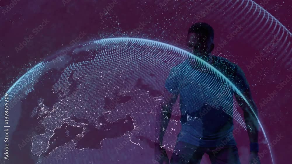 Poster swinging racket, tennis player with animation of digital globe in dynamic motion