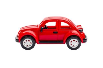 A red toy car with black trim isolated on a black background side view