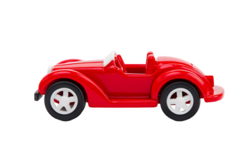 Close up of a red toy car with white interior on a black background