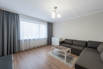 Modern Home Living Room with Grey Sofa, Contemporary Design and Hardwood Flooring