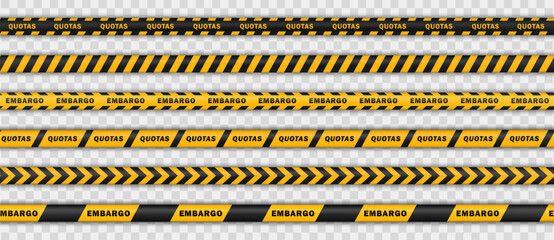 Yellow-black striped tapes with repeated EMBARGO and QUOTAS text on transparent background. Barrier ribbons, Barricade warning lines for geopolitical trade visuals and global economy crisis designs