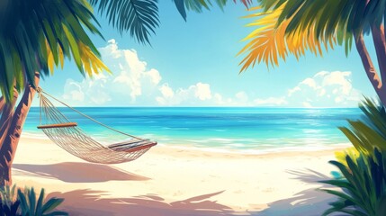 Tropical beach background as summer landscape with beach swing or hammock and white sand and calm sea for beach banner. Perfect beach scene vacation and summer holiday concept. Boost up color process