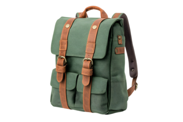 Close up of a green canvas backpack with brown leather straps and buckles