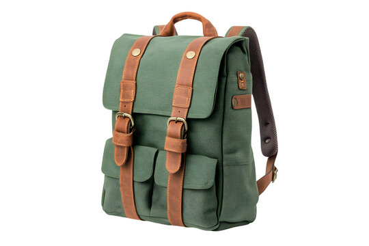 Close up of a green canvas backpack with brown leather straps and buckles