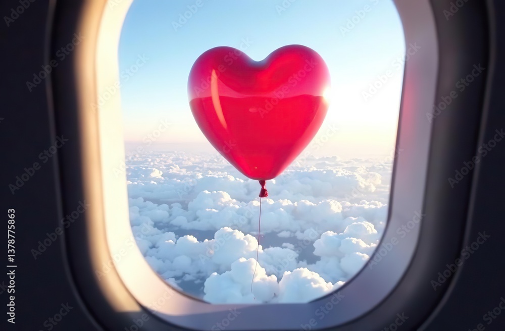 Wall mural view from the plane window to the sky with clouds and heart shape red balloon