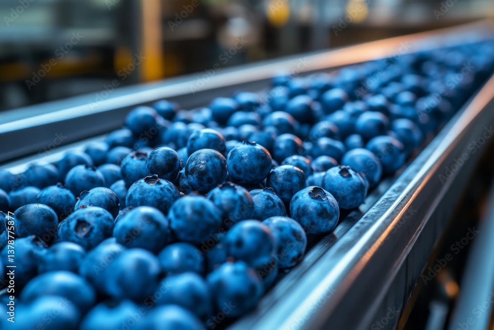 Poster blueberries are rapidly sorted along a high-tech conveyor belt in a state-of-the-art facility design
