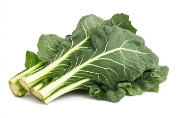A vibrant bunch of collard greens with large, flat, dark green leaves, isolated on a transparent background.