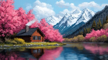 Fototapeta premium Tranquil mountain retreat cabin by serene lake surrounded by cherry blossoms scenic nature landscape