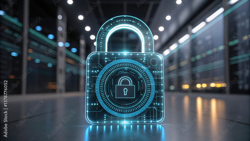 Poster a glowing digital padlock symbolizes cybersecurity in a high-tech environment, representing data pro