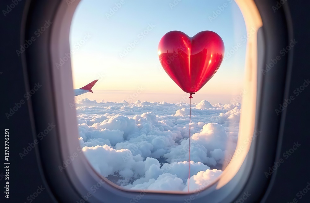 Wall mural view from the plane window to the sky with clouds and heart shape red balloon