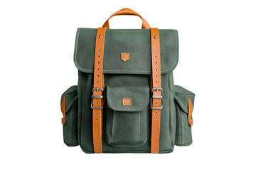 A green canvas backpack with brown leather straps on a black background