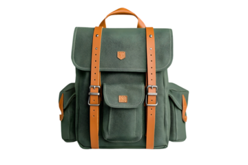 A green canvas backpack with brown leather straps on a black background