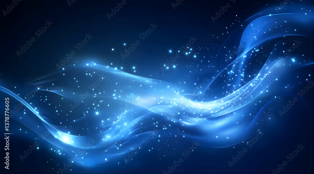 Poster abstract blue background with glowing lights and lines of data flowing through the space, a technolo