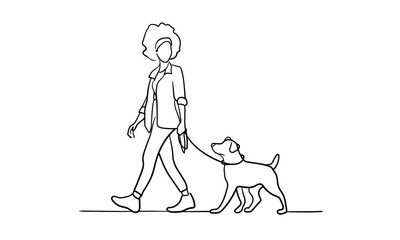 Woman walks with dog continious line drawing. Pets, family, domestic animal. Vector illustration