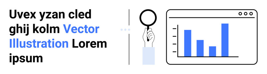 Hand holding magnifying glass pointing at bar chart in browser window. Ideal for analytics, research, presentation, statistics, business, dashboard visualization, simple landing page