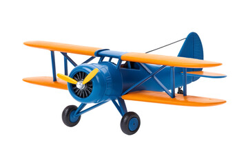 Close up of a blue and orange toy biplane on a black background studio shot