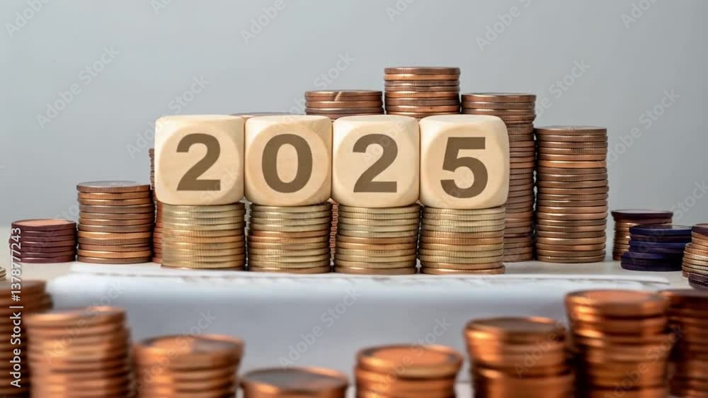 Poster Wooden blocks displaying the year two thousand and twenty five on coin stacks image view